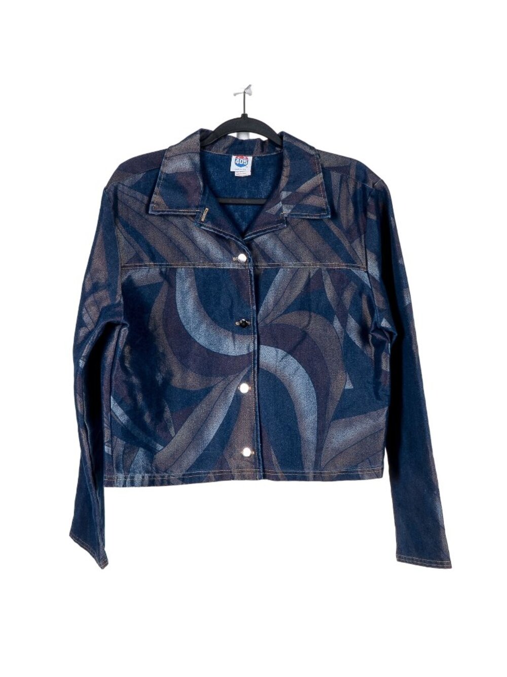 Metallic Denim Jean Jacket VTG L Womens 90s Blue Swirls Button Cotton USA Shiny